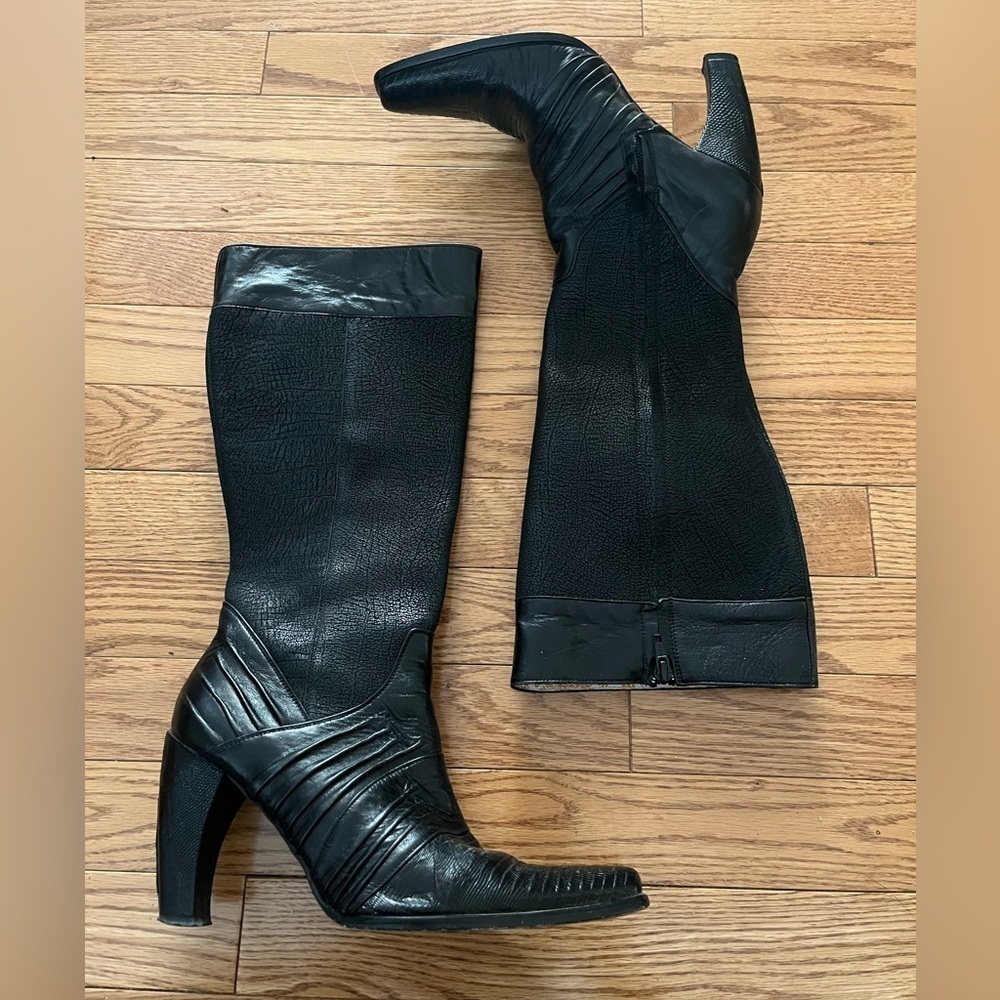 [MX23.5/US 6.5]Franco Cuadro Mixed Leather Heeled Mid Calf Boots Boho Aligator